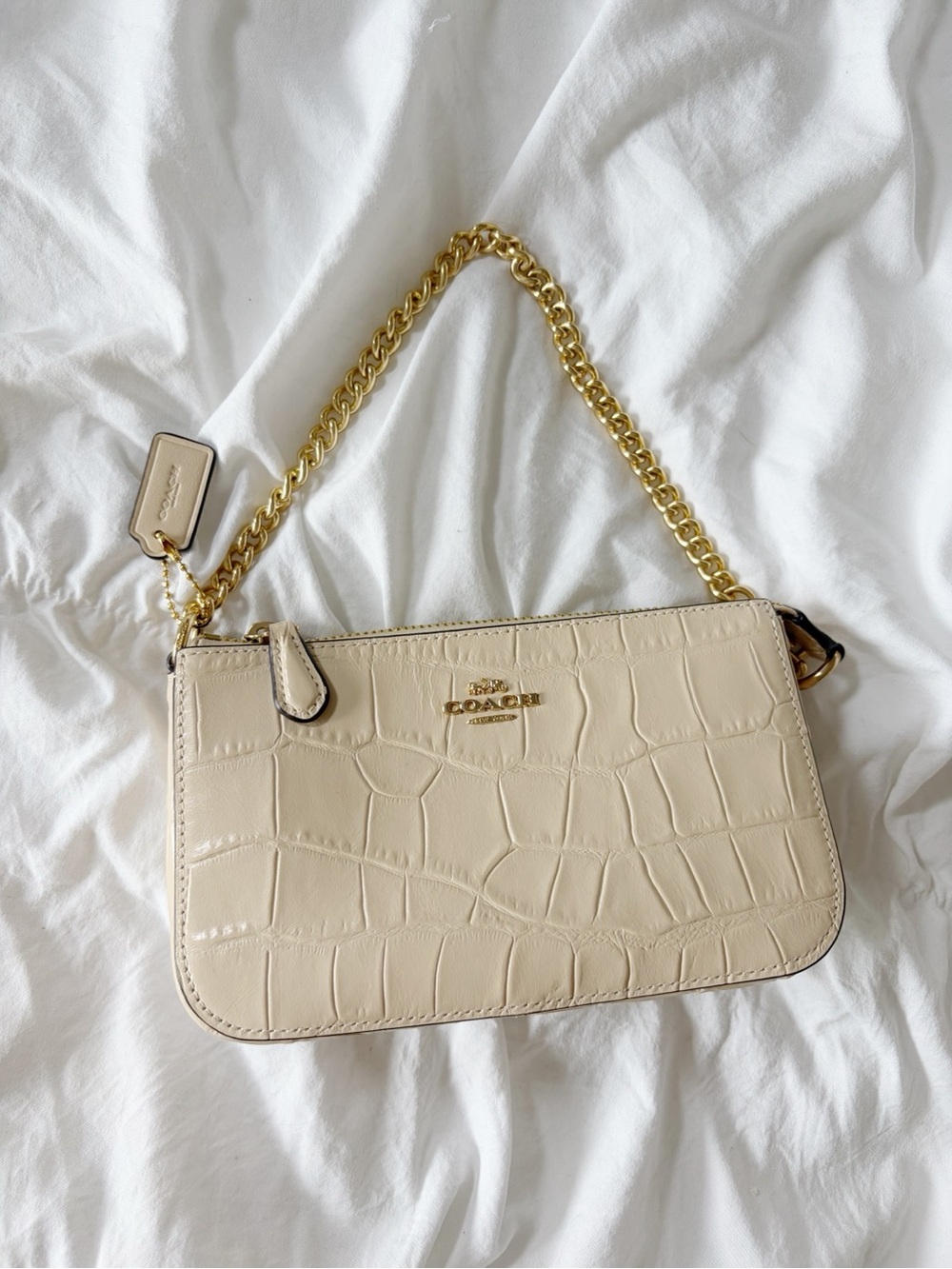 COACH Nolita 20 Croc Embossed Beige Leather Wristlet Pouch